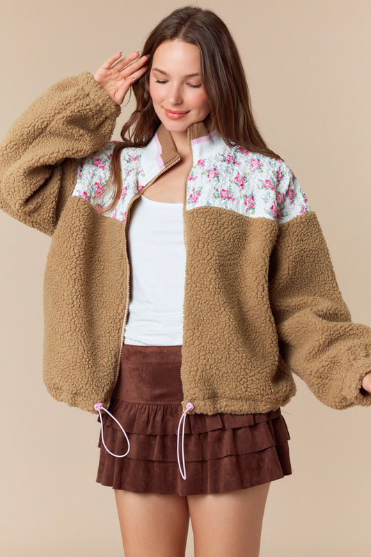 Floral Printed Contrast Sherpa Zip-Up Jacket