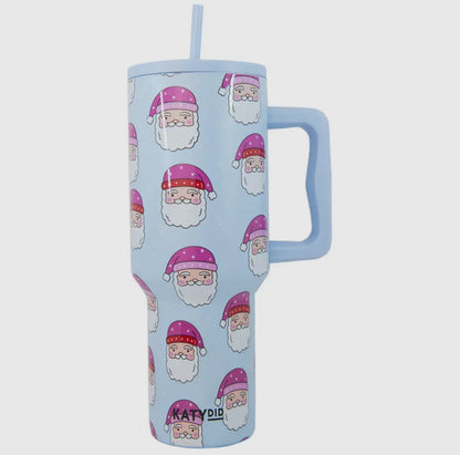 Pink Santa Hats Blue Tumbler With Handle