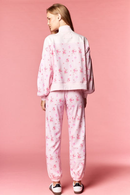 Pink Floral Terry Zip Up Set