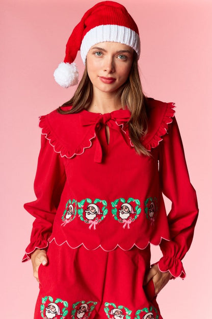 Red Santa Wreath Embroidery Corduroy Set