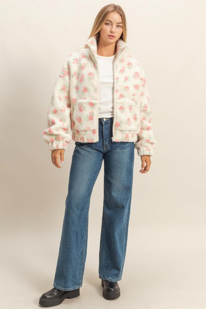 Comfy Floral Print Sherpa Zip Up Jacket Pink