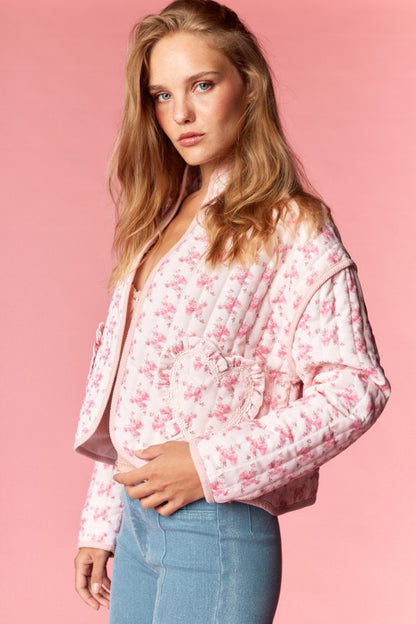 Pink Floral Heart Pocket Quilted Jacket