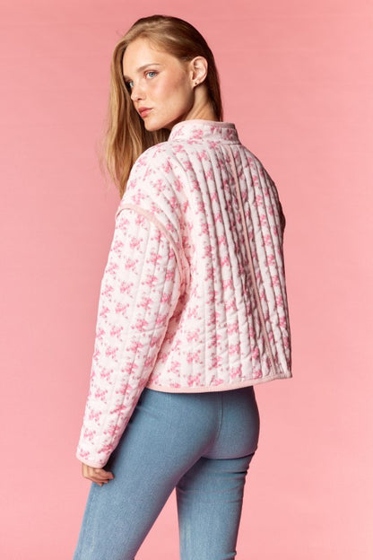 Pink Floral Heart Pocket Quilted Jacket