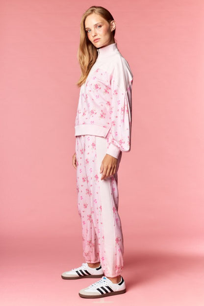 Pink Floral Terry Zip Up Set
