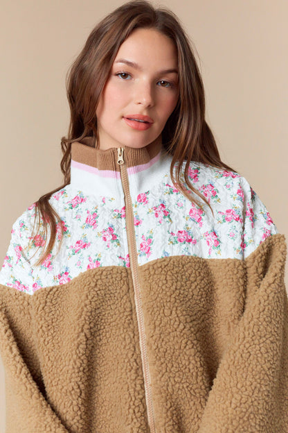Floral Printed Contrast Sherpa Zip-Up Jacket