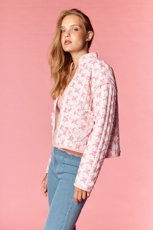 Pink Floral Heart Pocket Quilted Jacket