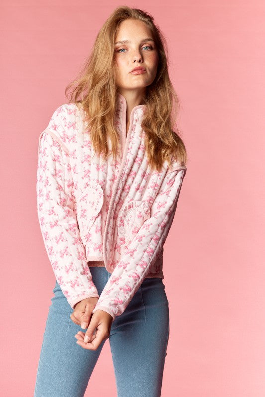 Pink Floral Heart Pocket Quilted Jacket