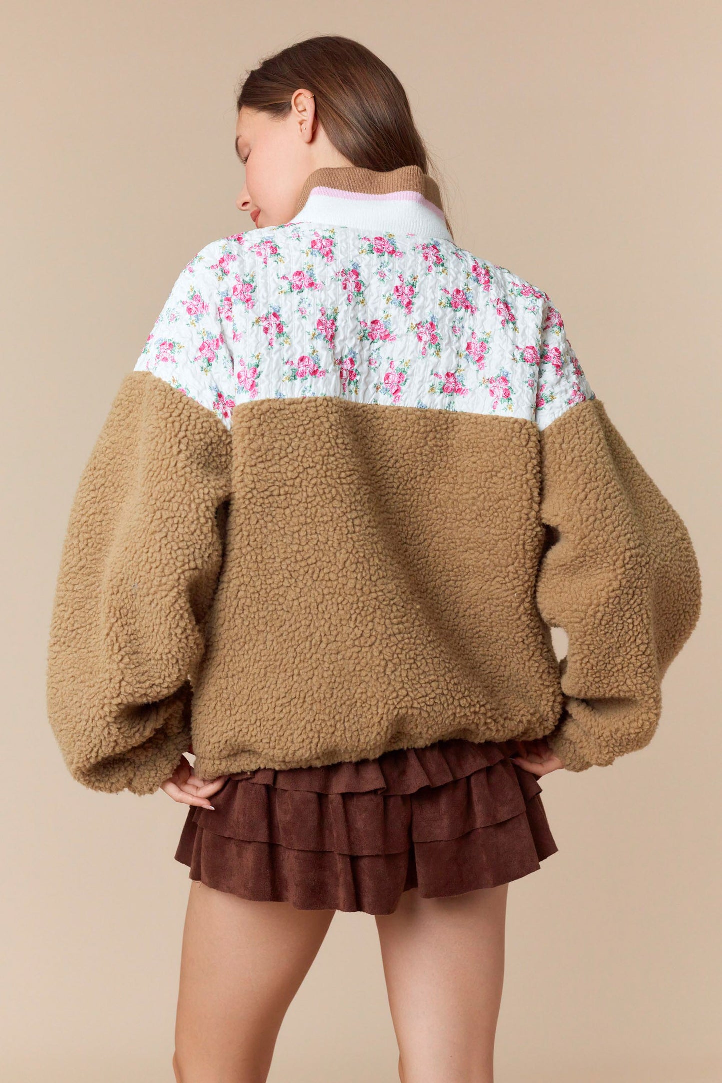 Floral Printed Contrast Sherpa Zip-Up Jacket