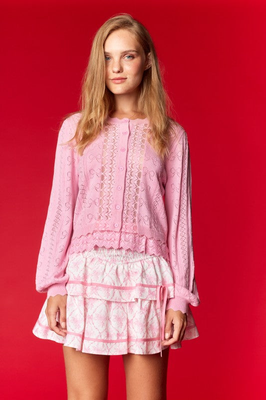Bow Pointelle Lace Hem Cardigan