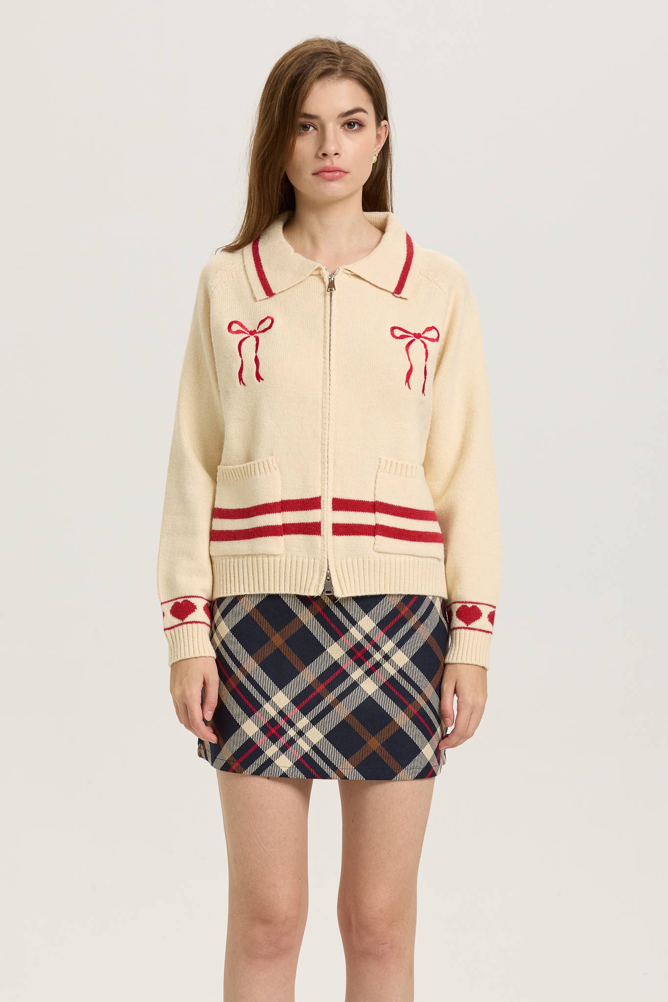 PRE ORDER Love Season Zip-Up Cardigan with Red Bow Embroidery SHIPS 01/23