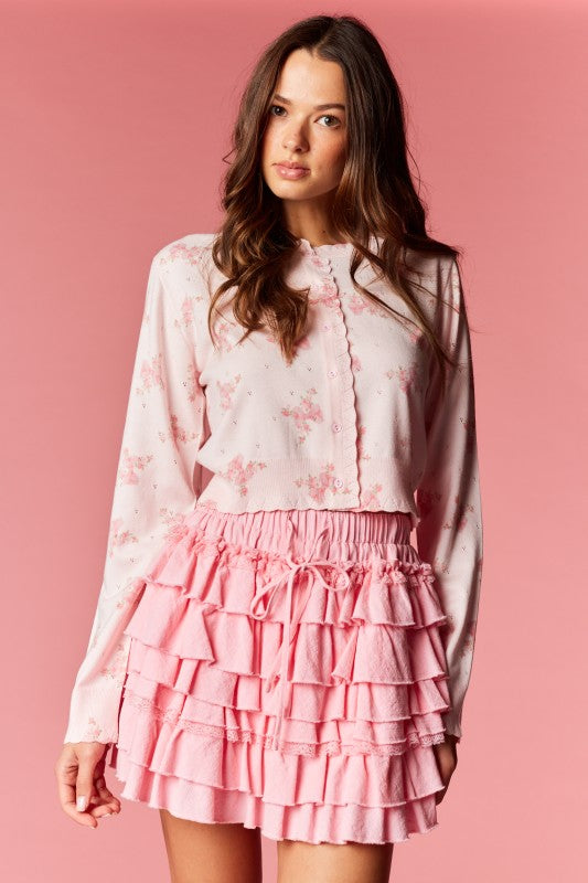 Floral Printed Scalloped Edge Cardigan