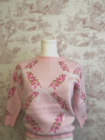 Emily’s Flower Palace Floral Ribbon Print Sweater Knit Top