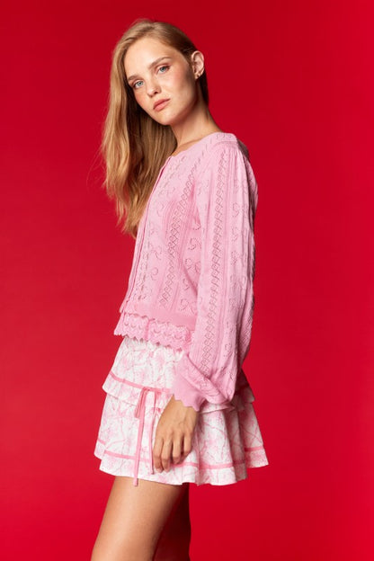 Bow Pointelle Lace Hem Cardigan