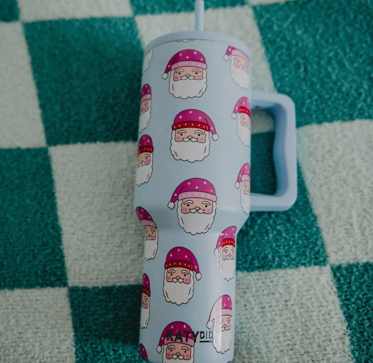 Pink Santa Hats Blue Tumbler With Handle