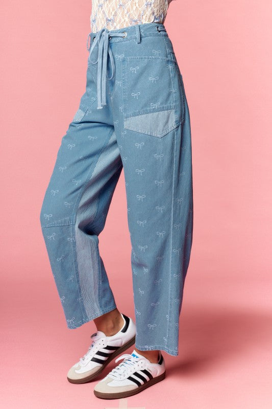 Bow Embroidered Barrel Pants