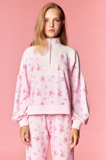 Pink Floral Terry Zip Up Set