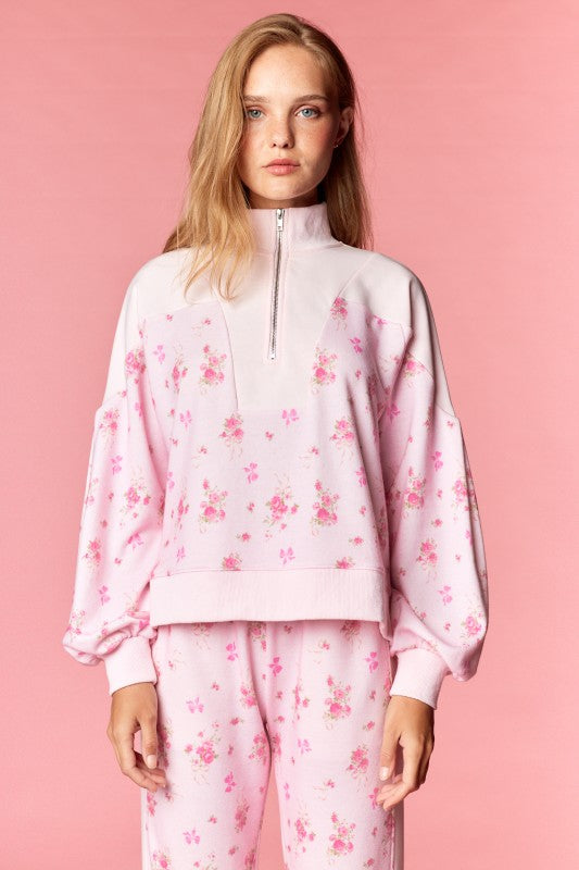Pink Floral Terry Zip Up Set