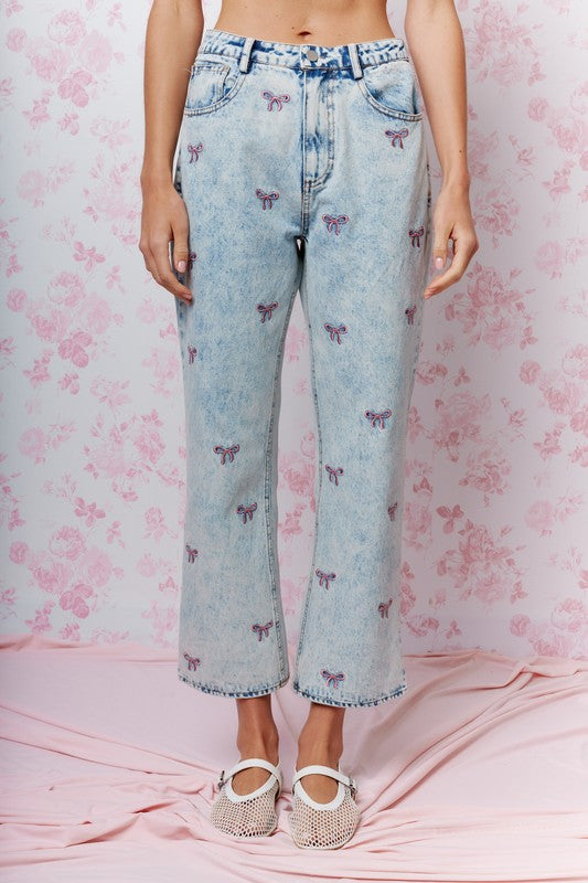 Coquette Darling Bow Embroidered Cropped Jeans