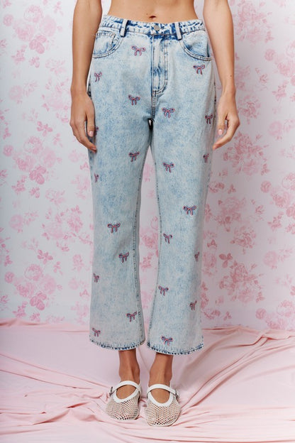 Coquette Darling Bow Embroidered Cropped Jeans