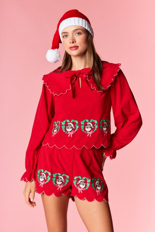 Red Santa Wreath Embroidery Corduroy Set