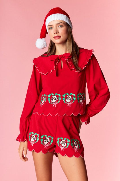 Red Santa Wreath Embroidery Corduroy Set