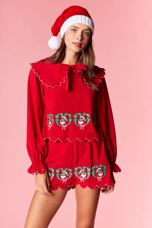 Red Santa Wreath Embroidery Corduroy Set