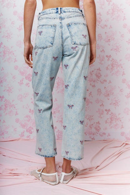Coquette Darling Bow Embroidered Cropped Jeans