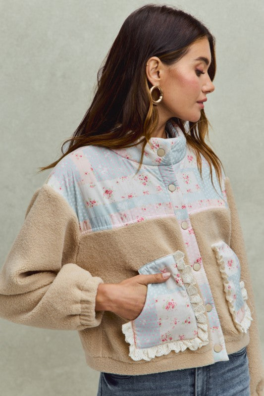 Floral Print With Ruffle Sherpa Jacket
