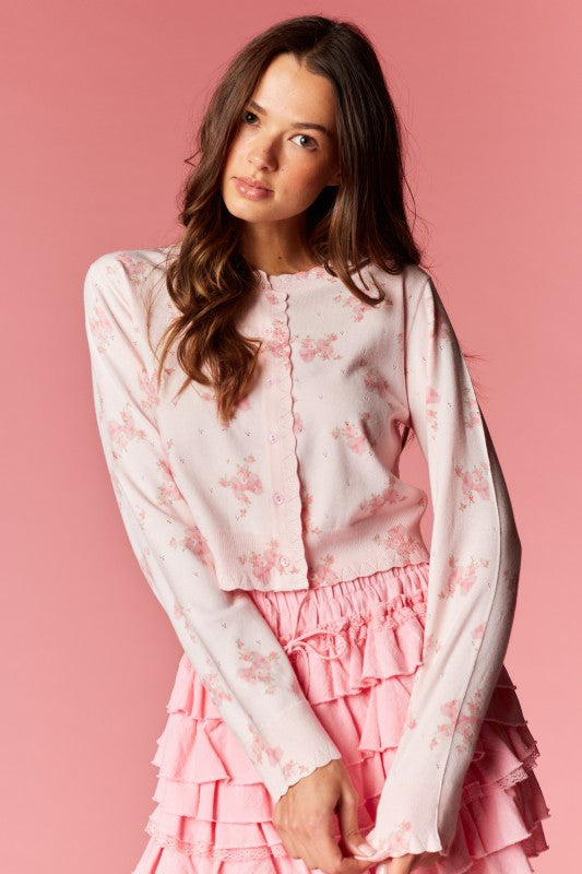 Floral Printed Scalloped Edge Cardigan