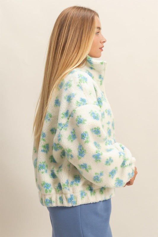 Comfy Floral Print Sherpa Zip Up Jacket Blue