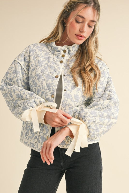 Vintage Darling Floral Quilted Jacket With Bow Tie Ribbon Details