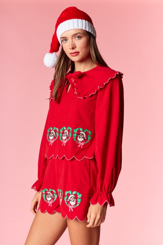 Red Santa Wreath Embroidery Corduroy Set