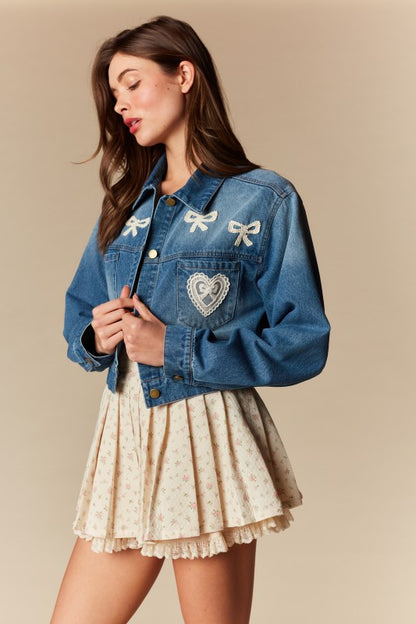 Bow & Lace Cropped Denim Jacket