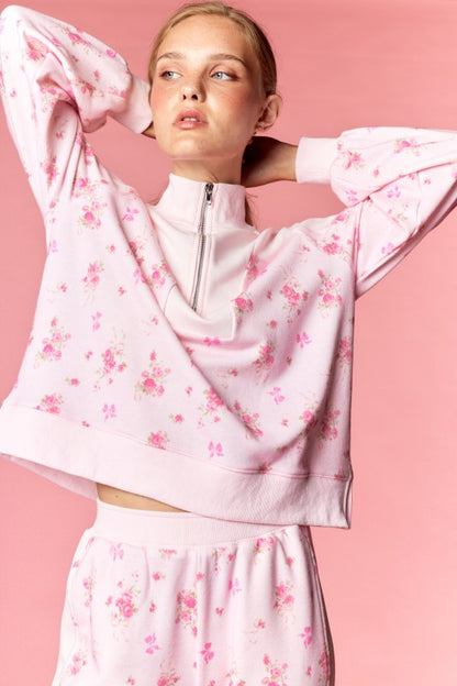 Pink Floral Terry Zip Up Set