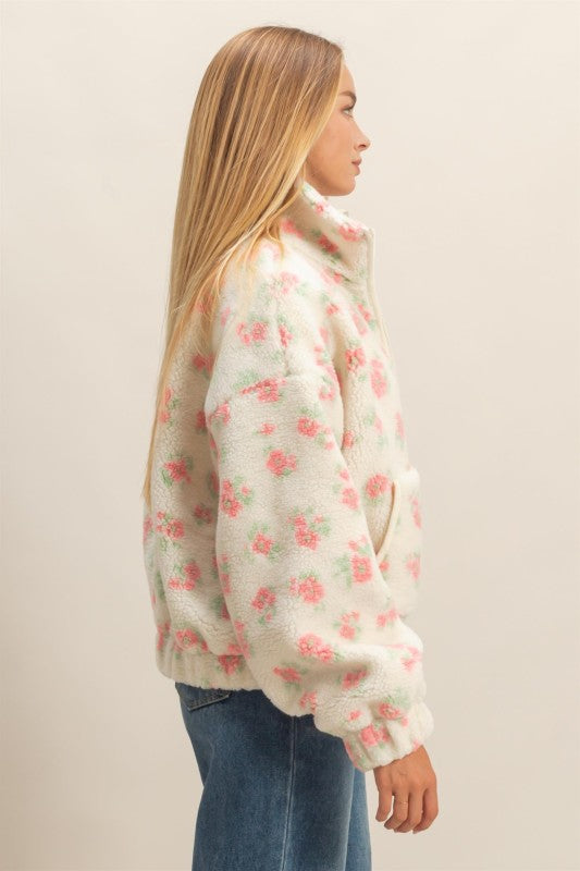 Comfy Floral Print Sherpa Zip Up Jacket Pink