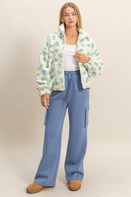 Comfy Floral Print Sherpa Zip Up Jacket Blue