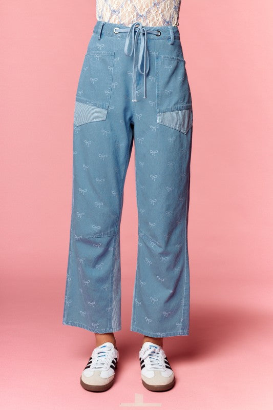Bow Embroidered Barrel Pants