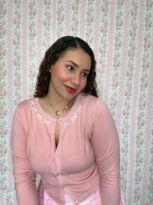 Pinkess Bow Embroidery Cardigan