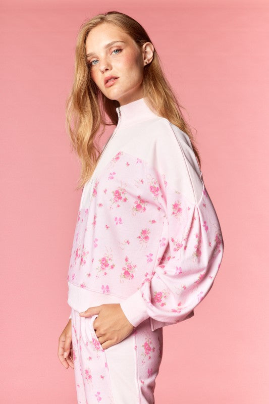 Pink Floral Terry Zip Up Set