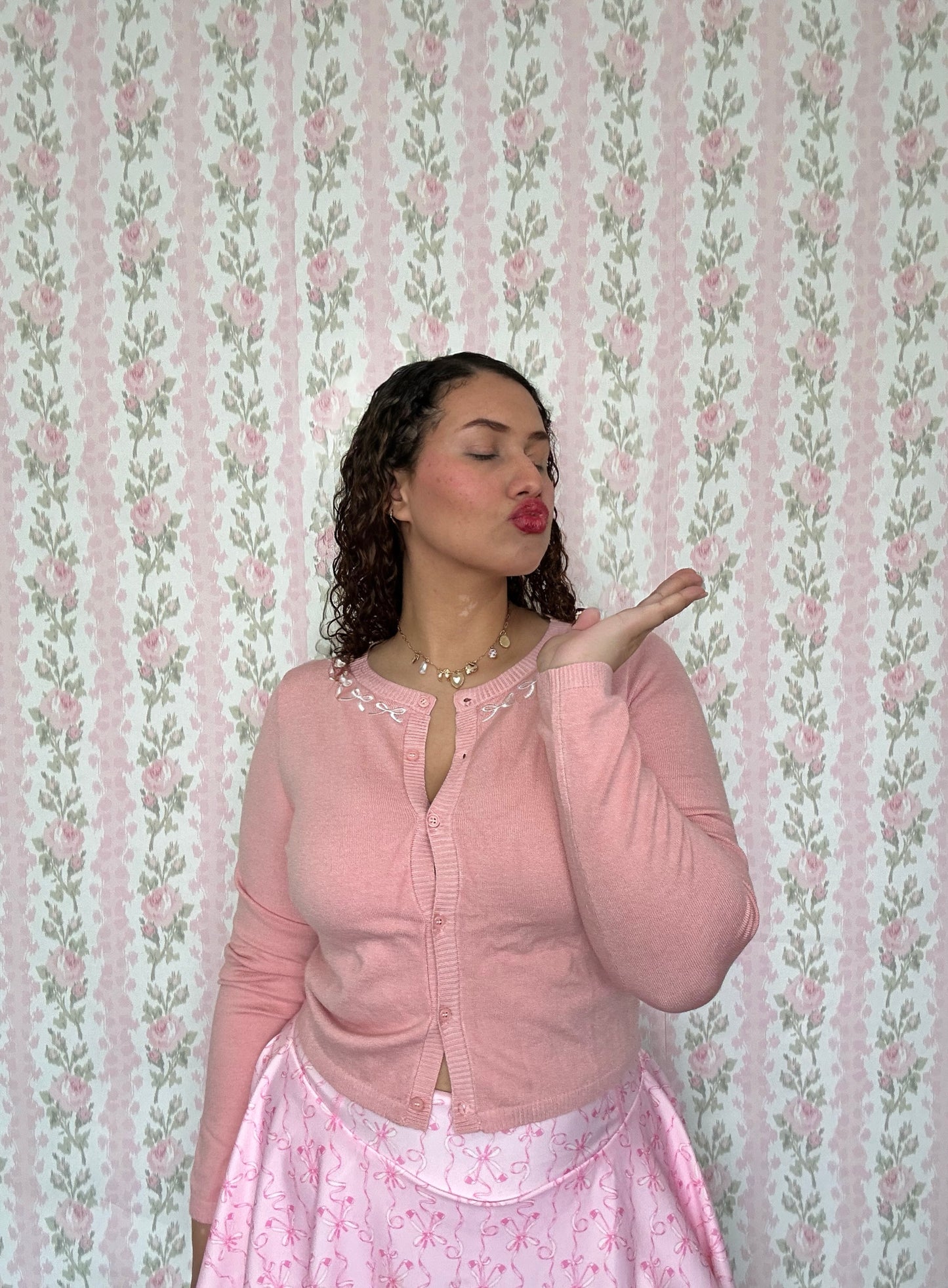 Pinkess Bow Embroidery Cardigan