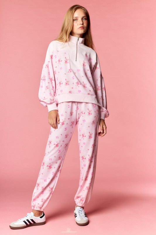 Pink Floral Terry Zip Up Set