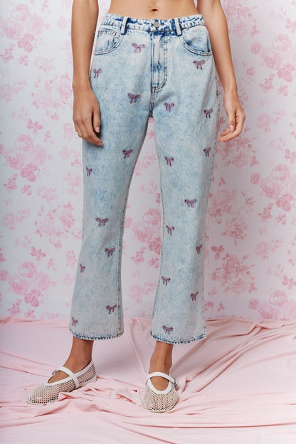 Coquette Darling Bow Embroidered Cropped Jeans