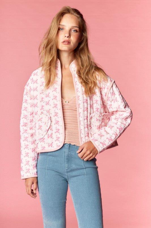 Pink Floral Heart Pocket Quilted Jacket