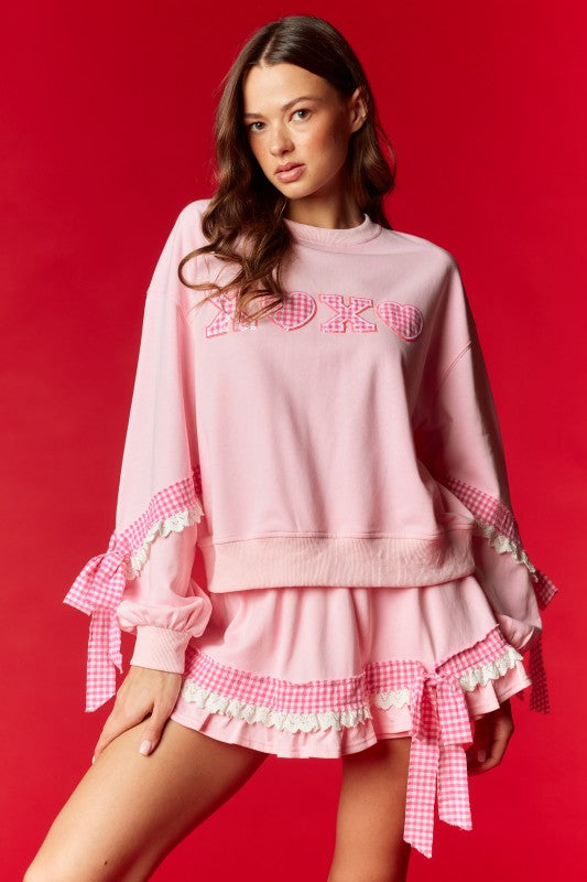 Pink Gingham Xoxo Ribbon Sweatshirt Set