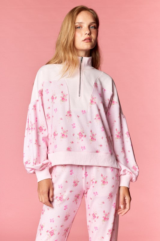 Pink Floral Terry Zip Up Set