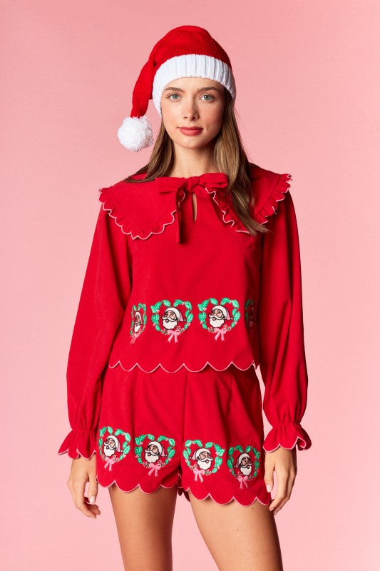 Red Santa Wreath Embroidery Corduroy Set
