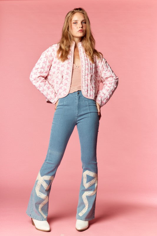 Pink Floral Heart Pocket Quilted Jacket