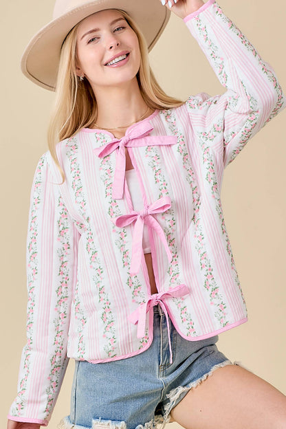 Joyful Quilted Floral Stripe Pattern Jacket