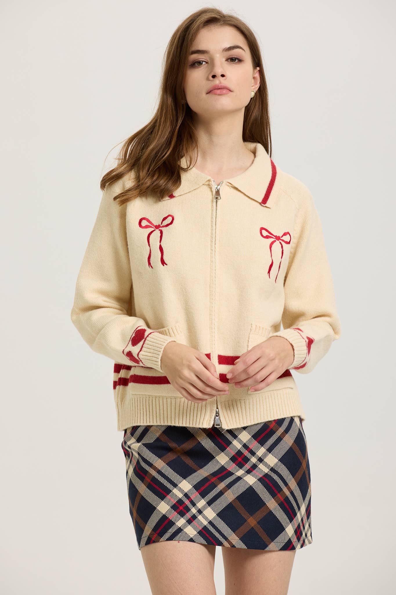 PRE ORDER Love Season Zip-Up Cardigan with Red Bow Embroidery SHIPS 01/23