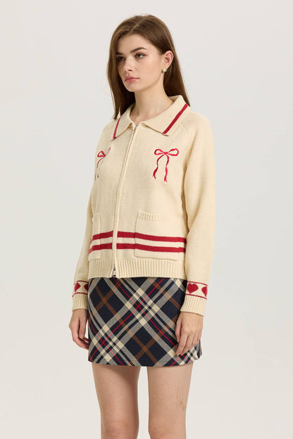 PRE ORDER Love Season Zip-Up Cardigan with Red Bow Embroidery SHIPS 01/23